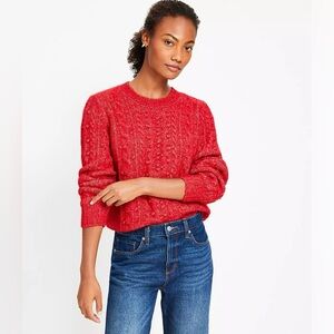 Loft Red Bobble Cable Knit Balloon Sleeve Crewneck Sweater Small